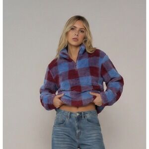 Eddie Bauer Women's Multicolor Plaid Fleece 1/4 Zip Pullover Warm Jacket Size SM